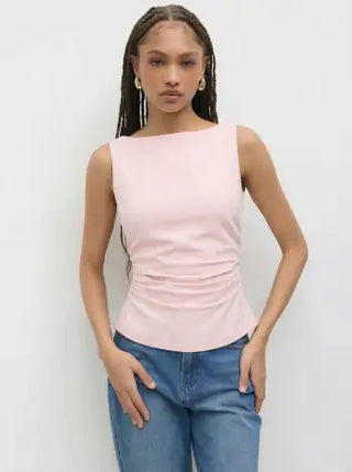 Linen-blend Boat Neckline Solid Bowknot Tank Top