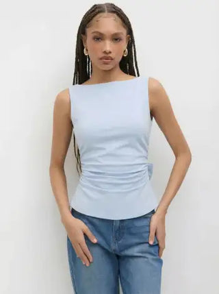 Linen-blend Boat Neckline Solid Bowknot Tank Top