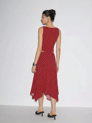 Boat Neck Polka Dot Top & Ruffle Hem Mid Rise Skirt Set