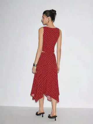 Boat Neck Polka Dot Top & Ruffle Hem Mid Rise Skirt Set