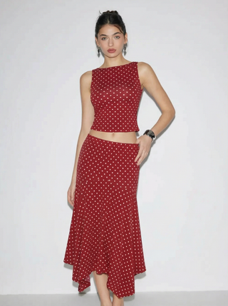 Boat Neck Polka Dot Top & Ruffle Hem Mid Rise Skirt Set