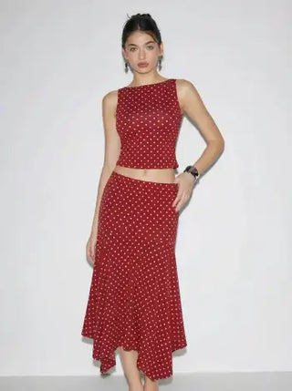 Boat Neck Polka Dot Top & Ruffle Hem Mid Rise Skirt Set