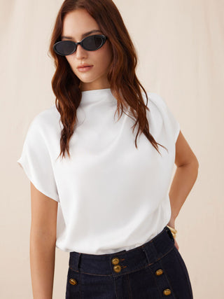 Satin Stand Collar Ruched Short Sleeve Bodysuit