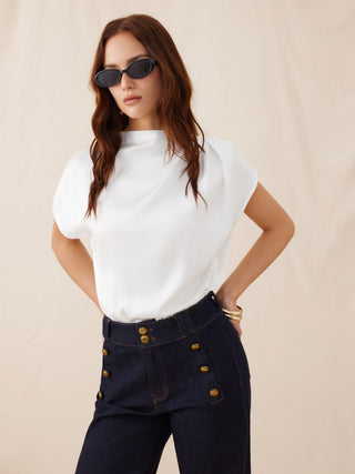 Satin Stand Collar Ruched Short Sleeve Bodysuit