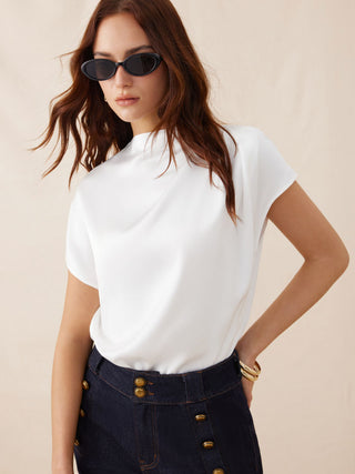 Satin Stand Collar Ruched Short Sleeve Bodysuit