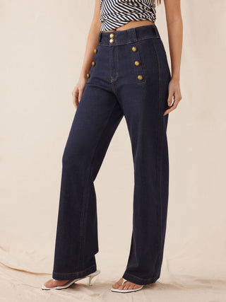 Stretch Denim High Rise Straight Leg Trousers With Metal Detail