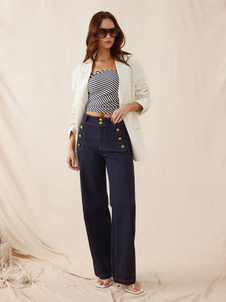 Stretch Denim High Rise Straight Leg Trousers With Metal Detail