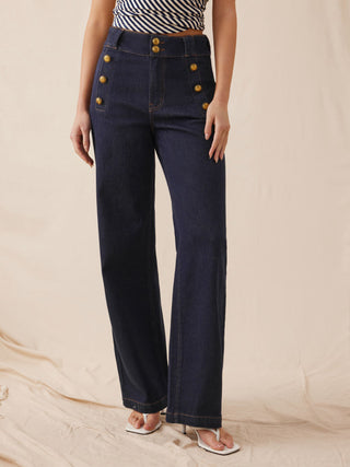 Stretch Denim High Rise Straight Leg Trousers With Metal Detail