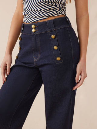 Stretch Denim High Rise Straight Leg Trousers With Metal Detail
