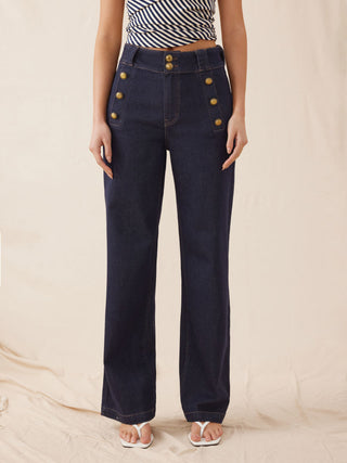 Stretch Denim High Rise Straight Leg Trousers With Metal Detail