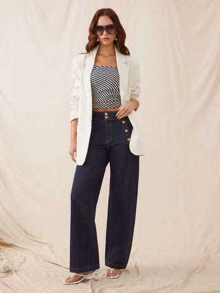 Stretch Denim High Rise Straight Leg Trousers With Metal Detail