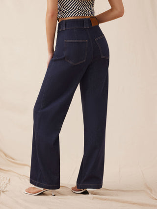 Stretch Denim High Rise Straight Leg Trousers With Metal Detail