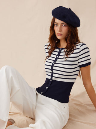 Knit Fabric Knit Striped High Stretch Short Sleeve Cardigan With Pearl Buttons For Daily Casual Coffee Shop Work
