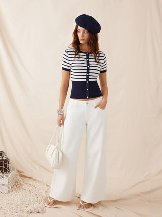 Knit Fabric Knit Striped High Stretch Short Sleeve Cardigan With Pearl Buttons For Daily Casual Coffee Shop Work