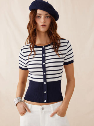 Knit Fabric Knit Striped High Stretch Short Sleeve Cardigan With Pearl Buttons For Daily Casual Coffee Shop Work