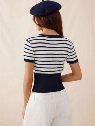 Knit Fabric Knit Striped High Stretch Short Sleeve Cardigan With Pearl Buttons For Daily Casual Coffee Shop Work