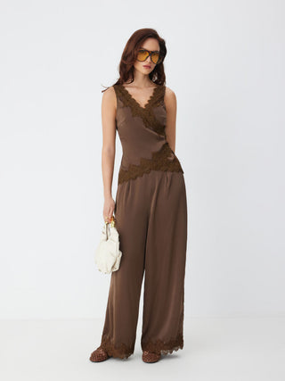 Satin V-Neck Lace Trim Wrap Top & Mid Rise Wide Leg Trousers Set