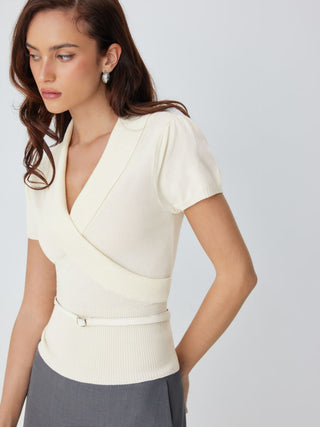 Knit V-neck Wrap Short Sleeve Top With Belt