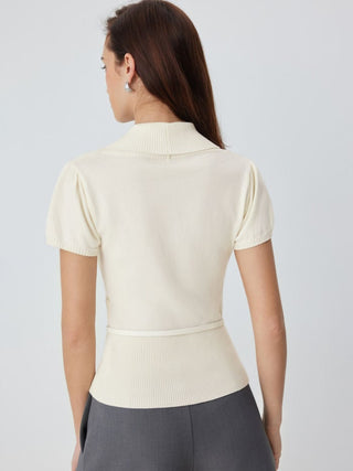 Knit V-neck Wrap Short Sleeve Top With Belt