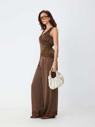 Satin V-Neck Lace Trim Wrap Top & Mid Rise Wide Leg Trousers Set