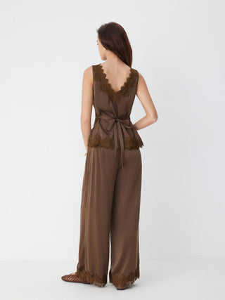 Satin V-Neck Lace Trim Wrap Top & Mid Rise Wide Leg Trousers Set