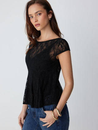 Lace Boat Neck Short Sleeve Backless Blouse & Cami Top Set