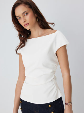 Linen-blend Boat Neck Ruched Cut Out Tie Back Top