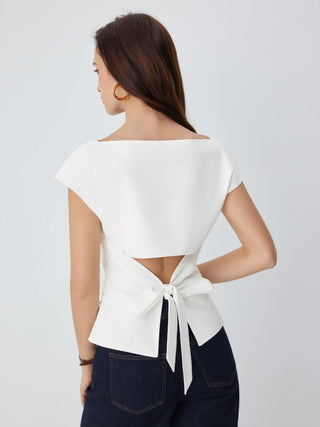 Linen-blend Boat Neck Ruched Cut Out Tie Back Top