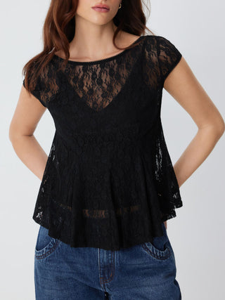 Lace Boat Neck Short Sleeve Backless Blouse & Cami Top Set