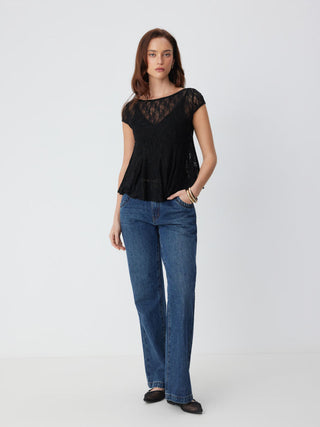 Lace Boat Neck Short Sleeve Backless Blouse & Cami Top Set