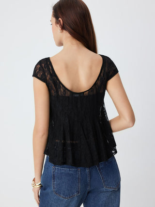 Lace Boat Neck Short Sleeve Backless Blouse & Cami Top Set