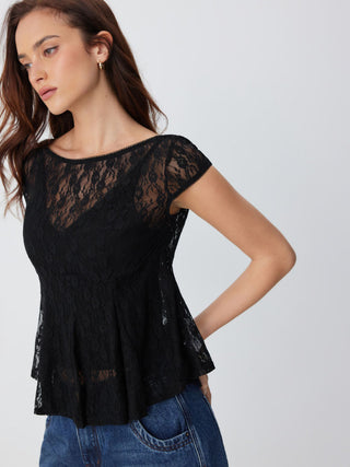 Lace Boat Neck Short Sleeve Backless Blouse & Cami Top Set