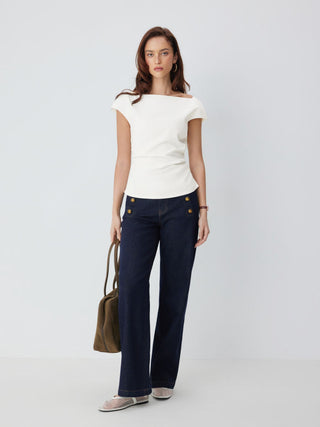 Linen-blend Boat Neck Ruched Cut Out Tie Back Top