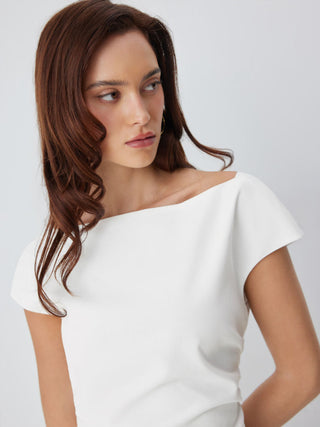 Linen-blend Boat Neck Ruched Cut Out Tie Back Top