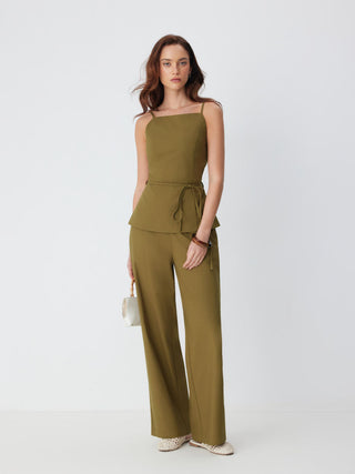 Linen-blend Tie Waist Cami Top & Mid Rise Straight Leg Trousers Set