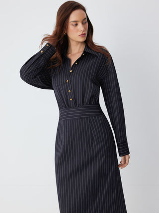 Woven Striped Collar Button Front Maxi Dress For Work