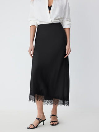 Satin High Rise Lace Panel Maxi Skirt