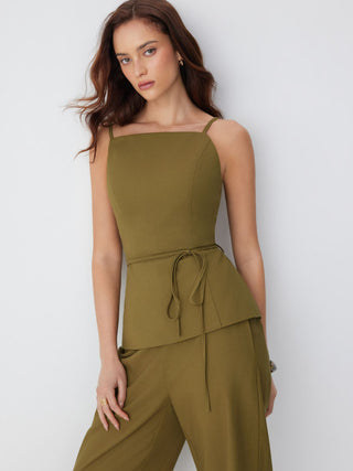 Linen-blend Tie Waist Cami Top & Mid Rise Straight Leg Trousers Set