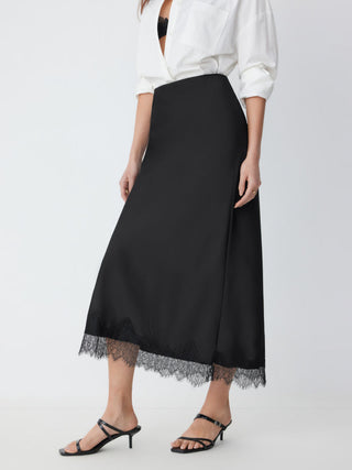 Satin High Rise Lace Panel Maxi Skirt