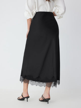 Satin High Rise Lace Panel Maxi Skirt