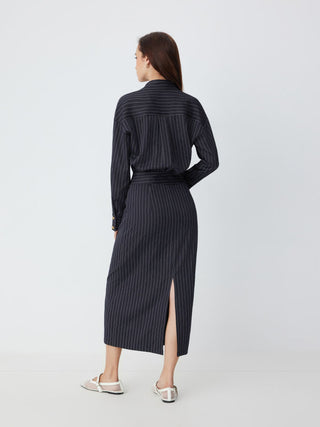 Woven Striped Collar Button Front Maxi Dress For Work