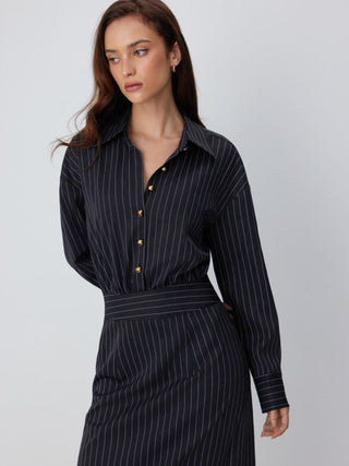 Woven Striped Collar Button Front Maxi Dress For Work
