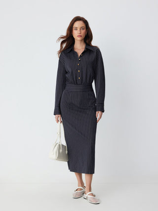 Woven Striped Collar Button Front Maxi Dress For Work