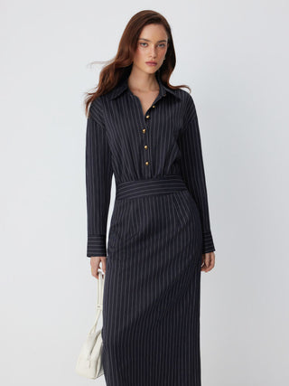 Woven Striped Collar Button Front Maxi Dress For Work