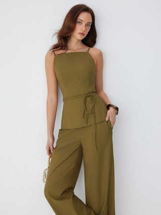 Linen-blend Tie Waist Cami Top & Mid Rise Straight Leg Trousers Set
