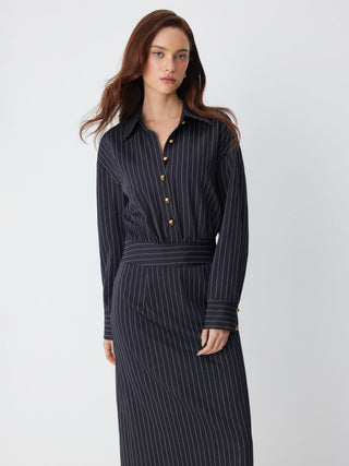 Woven Striped Collar Button Front Maxi Dress For Work