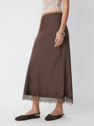 Satin High Rise Lace Panel Maxi Skirt