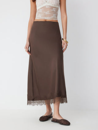 Satin High Rise Lace Panel Maxi Skirt