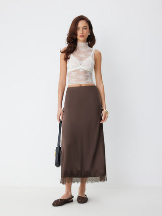Satin High Rise Lace Panel Maxi Skirt