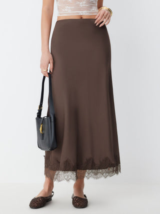 Satin High Rise Lace Panel Maxi Skirt